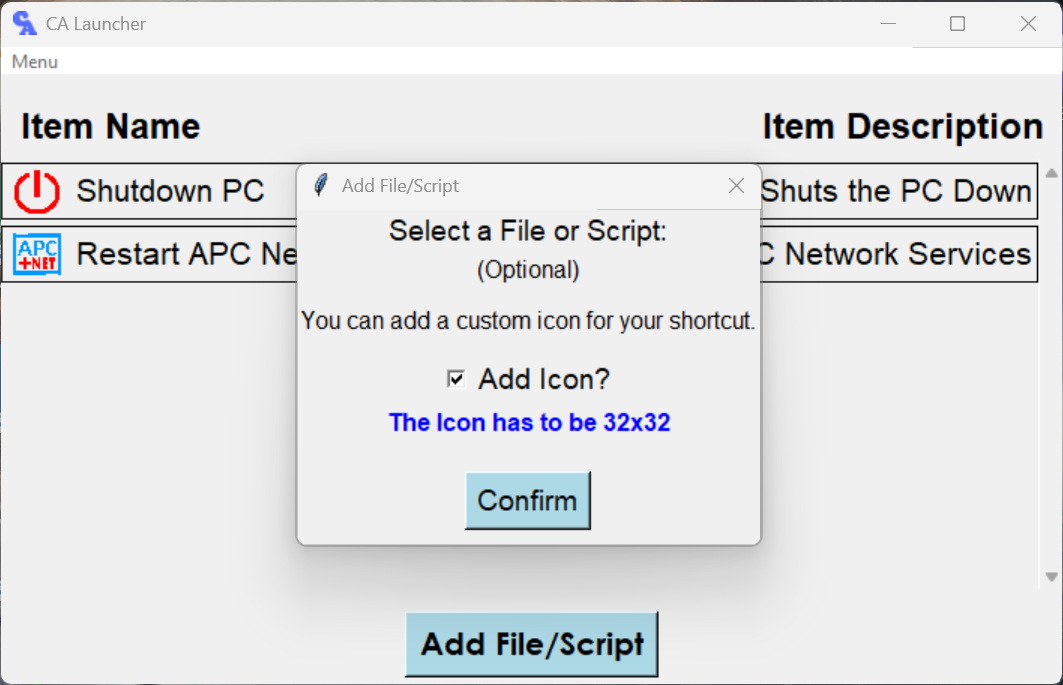 CA Launcher Add Item Info Windows